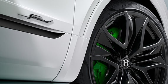 Speed badging, green calipers, and gloss black wheels for a bold side profile.