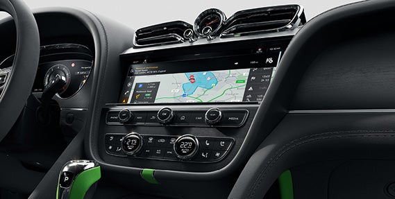 Infotainment system of the 2026 Bentley Bentayga Speed displaying real-time navigation, highlighting advanced in-car tech and connectivity.